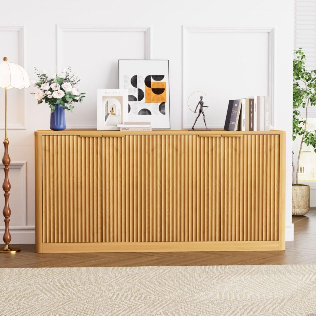 67" Fluted Sideboard Cabinet with 6 Doors, Wood Buffet Storage Credenza with Adjustable Shelves,Mid Century Modern Cabinet for Kitchen, Living Room, Entryway,Walnut