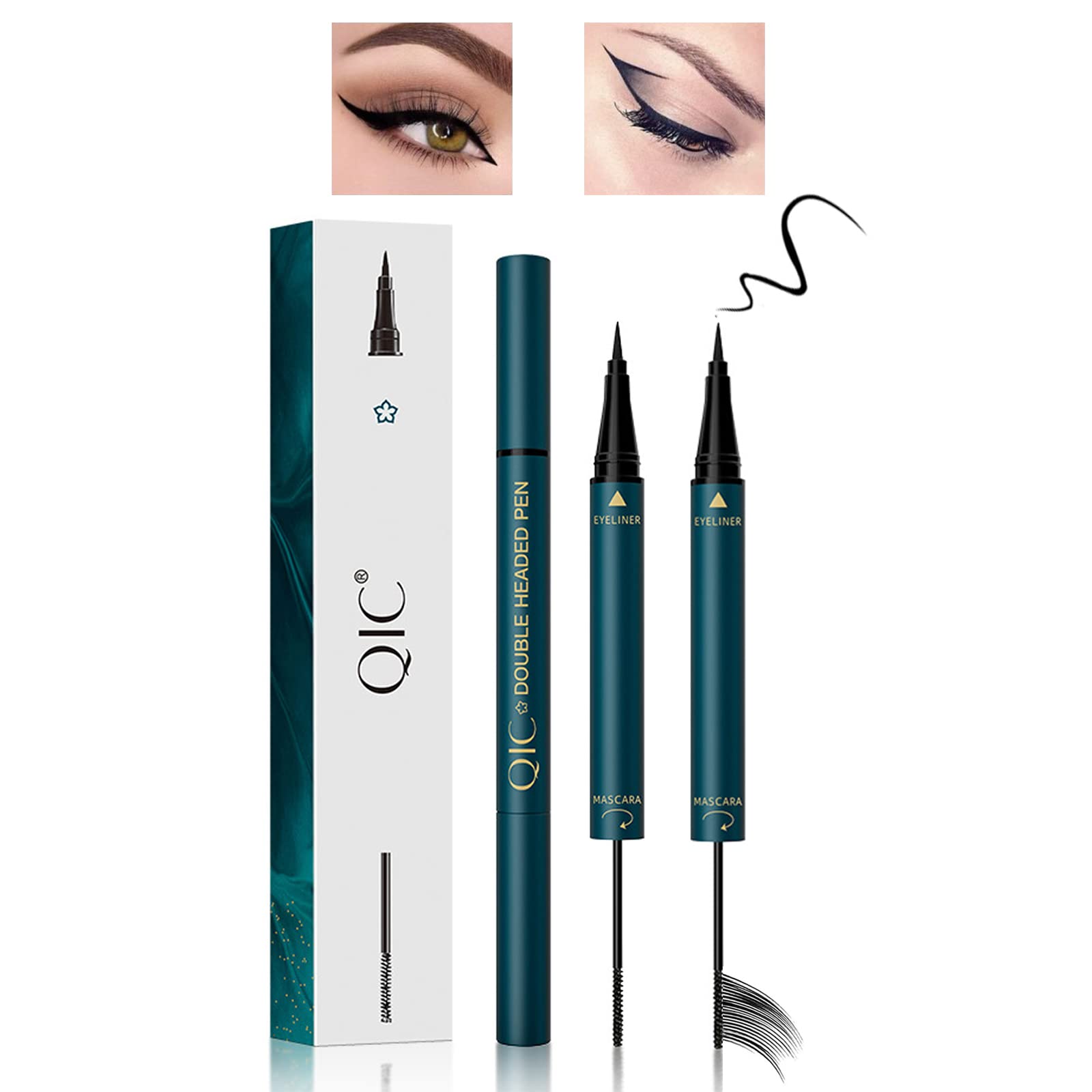 Domality 2Pcs Black Double Head Mascara & Eyeliner Set, 4D Silk Fiber Mascara, Soft and Hyper Sharp Tip Brush Eyeliner, Sweat Resistant, Smudge Resistant, Create Natural Long-lasting Eye Makeup