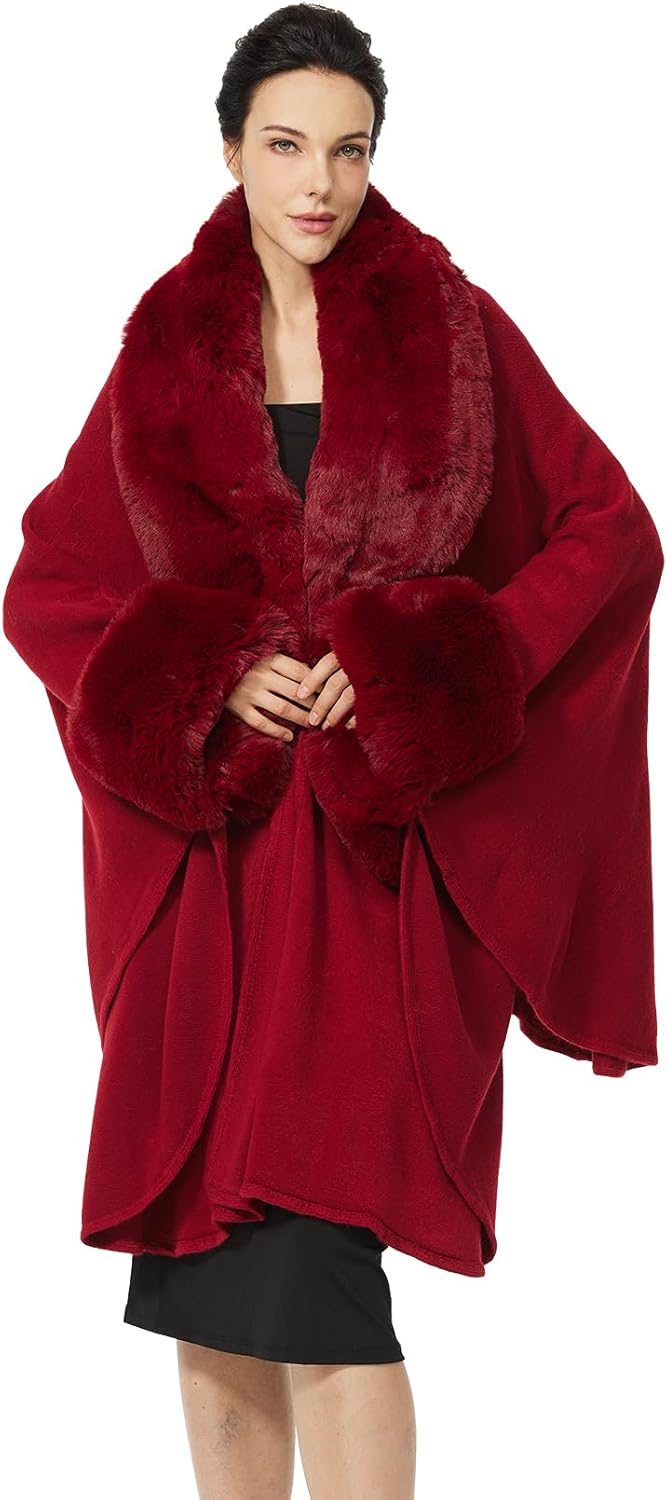 Women Cape Poncho with Fur Trim Winter Faux Fur Shawl Wrap Coat Sleeveless Cardigan Cloak