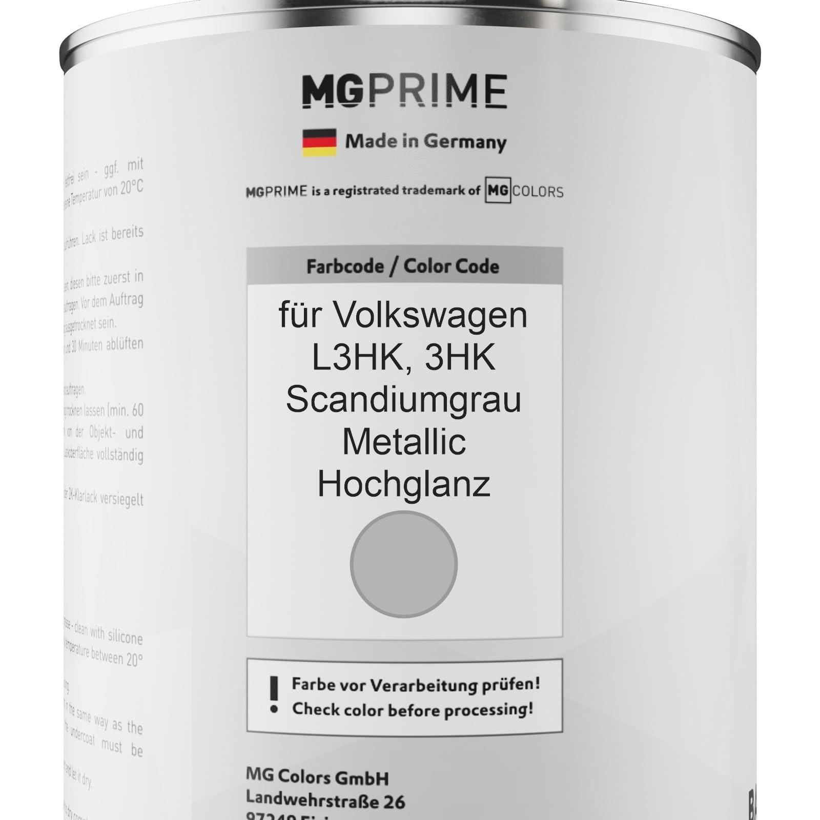 MG PRIME Autolack Dosen für Volkswagen VW L3HK / 3HK Scandiumgrau Me. 2,5L | Scandiumgrau Metallic Hochglanz, Set aus Basislack + 2K Klarlack + Härter, Literware, spritzfertig