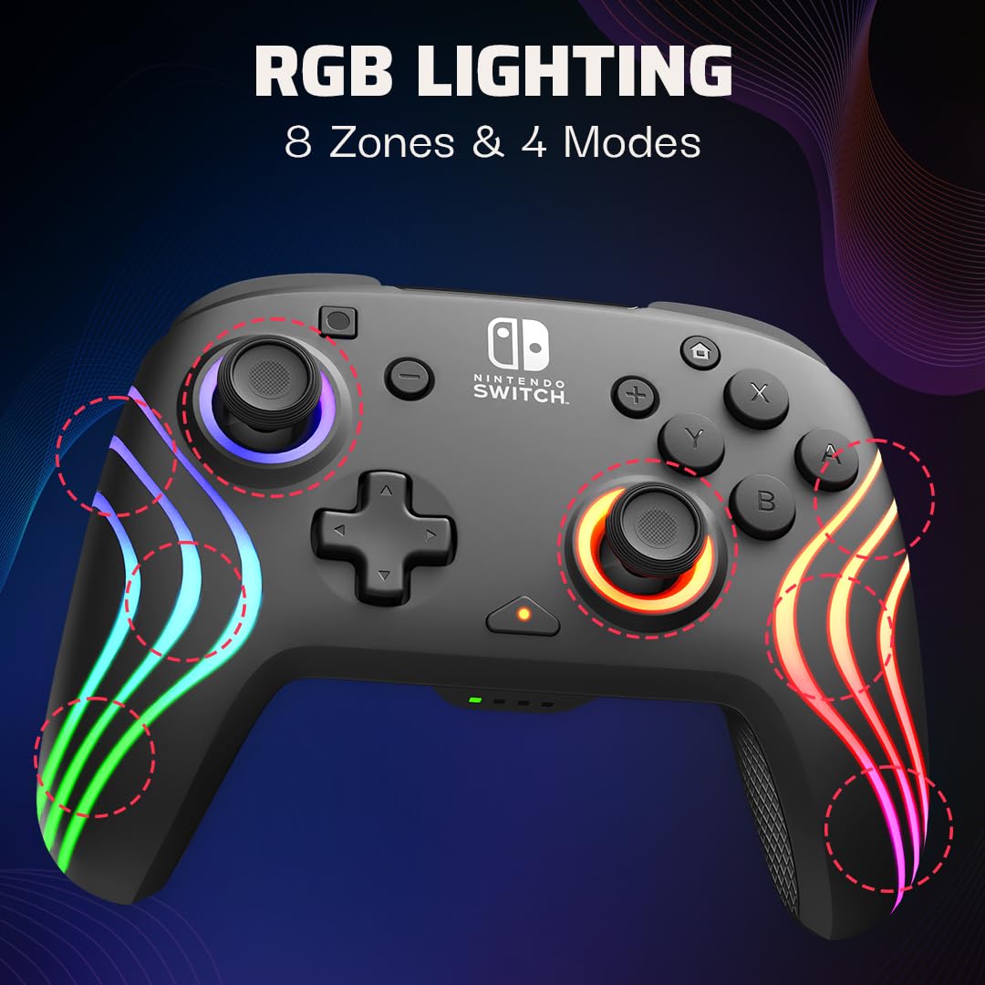 PDP Gaming Afterglow Wave Wireless Nintendo Switch Pro Controller - Officially Licensed, Nintendo Switch 2, Switch Lite/OLED, RGB LED Customization, App Controls, Rechargeable Battery Power - Black - 3