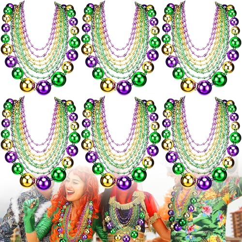 Cunno 60 Pcs 41 Jumbo Mardi Gras Beads Necklaces Bulk Gold Green Purple Plastic Disco Ball Beaded Necklace Carnival Jewelry Mardi Gras Accessories for Carnival Parade Masquerade Party Throw