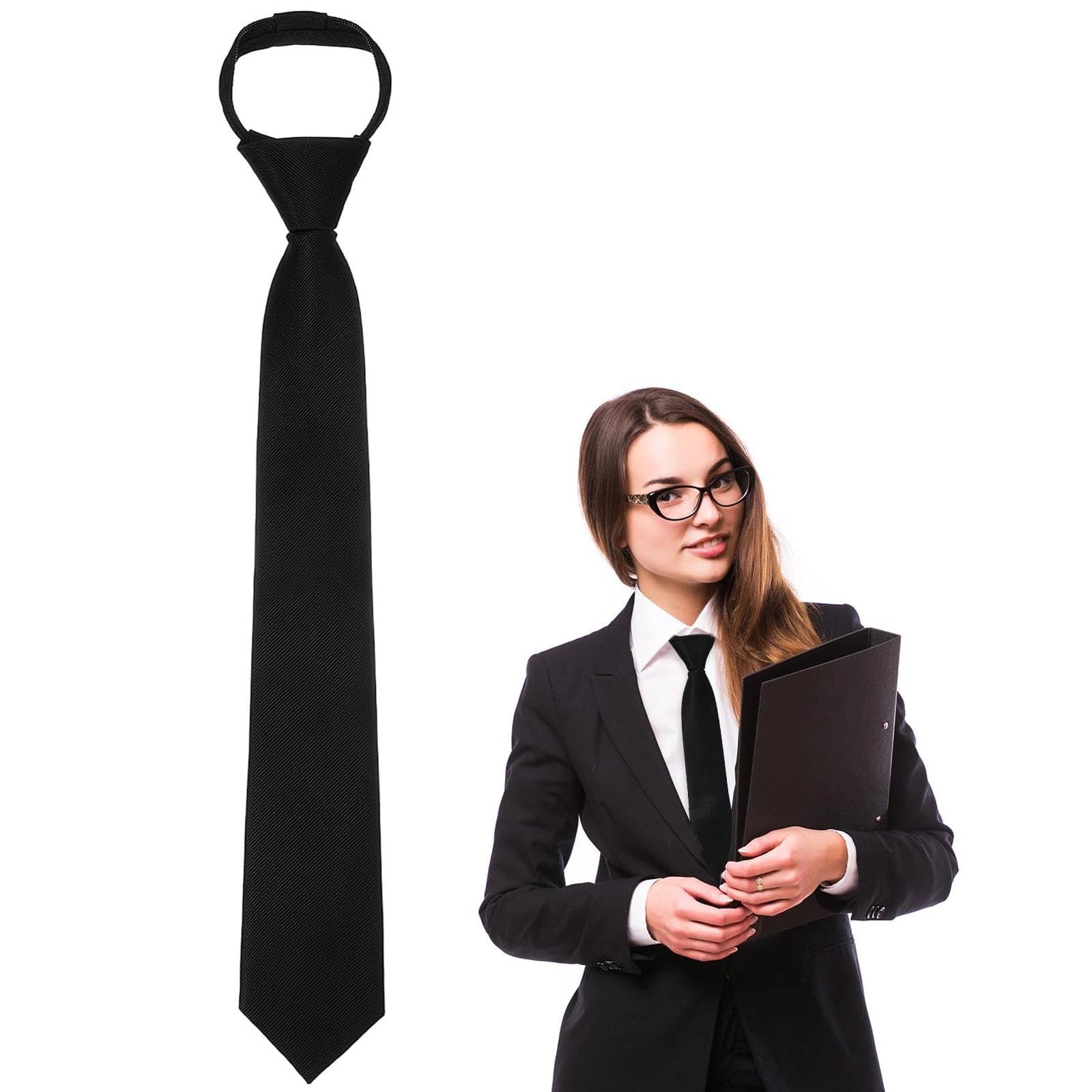 VOOSFSIE Black Tie for Women, 38cm Pre-tied Adjustable Neck Strap Tie with Zipper, Clip-on Ties Solid Uniform Neckties, Women and Men Formal Ties for Graduation, Business, Wedding, Party