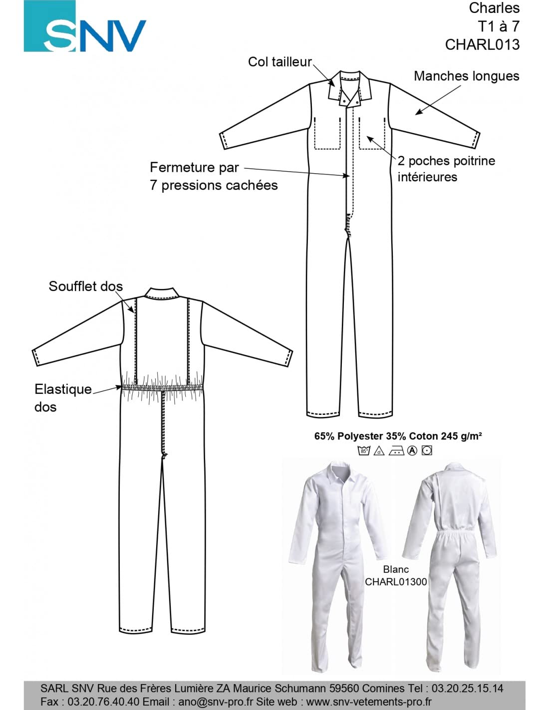 Combinaison agroalimentaire blanche et médicale homme manches longues en polyester/coton épais et résistant. (L)