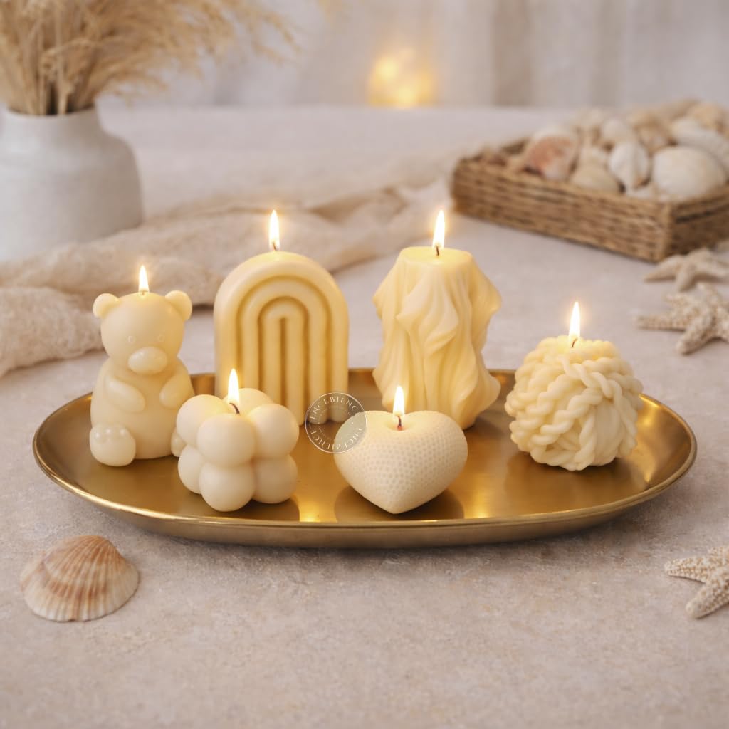 Scented Candle Gift Set | 100% Pure Soy & Bees Wax | Café Mocha Aroma | Teddy Bear, Rainbow Arch, Tree Root, Bubble, Knit Heart & Wool Ball Design – Set of 6 | Small