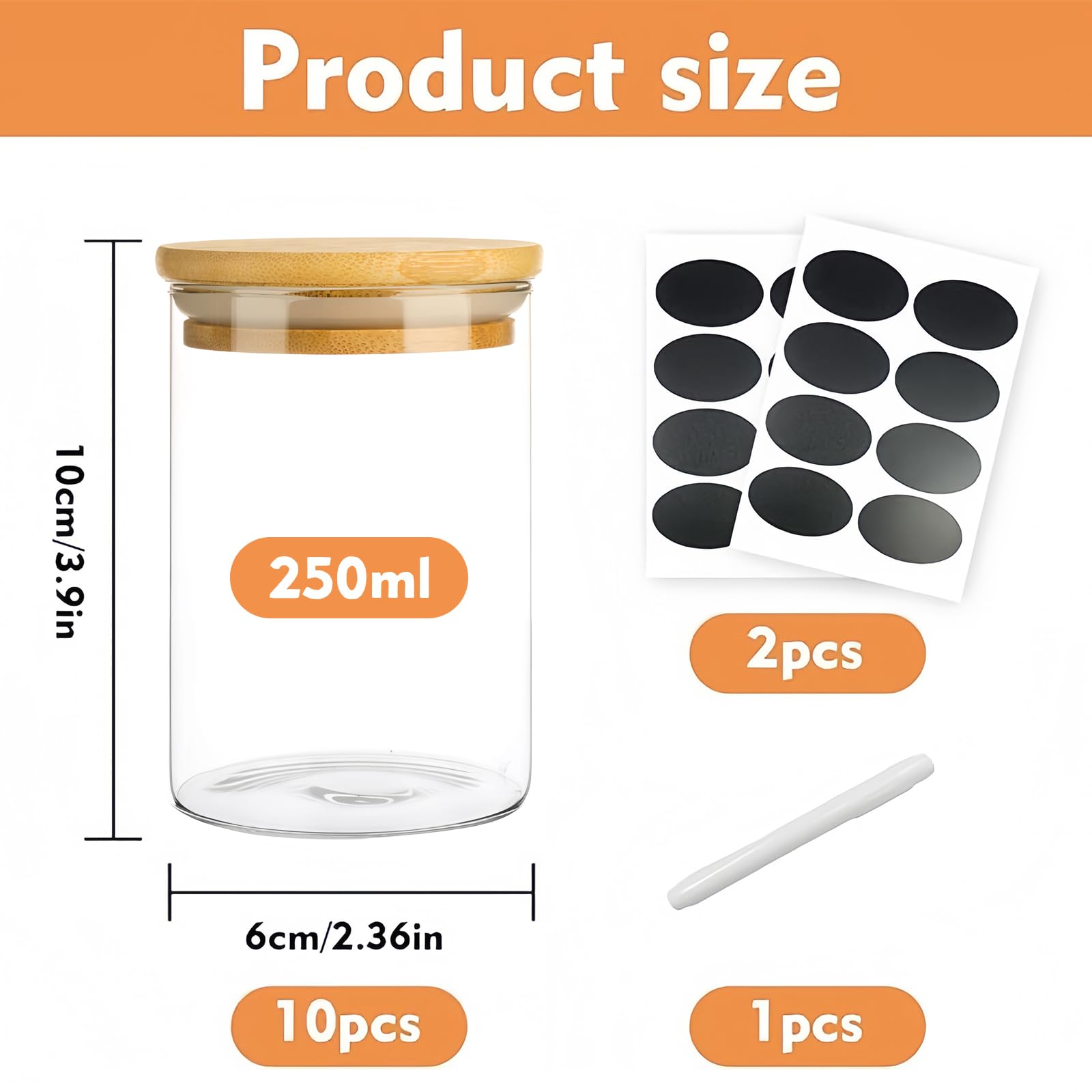 Barattoli per spezie in vetro con coperchio in legno, 10 pezzi, 250 ml