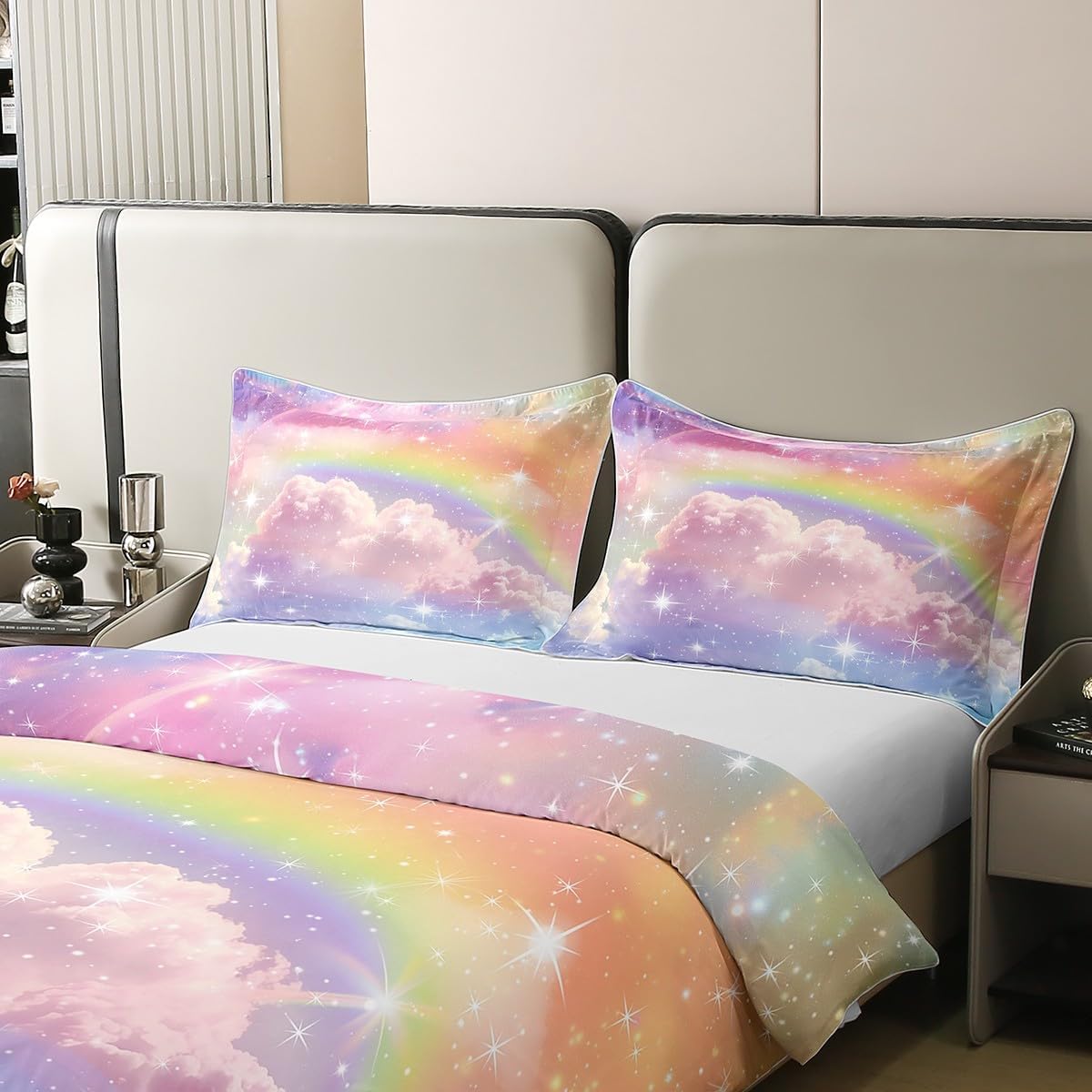 Feelyou Pink Sky Cotton Duvet Cover Set Twin Size for Kids Boys Girls Cute Cloud and Rainbow Comforter Cover Set Kawaii Bedding Collection,No Stuffing