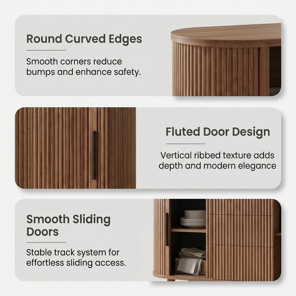 47.2" Mid-Century Modern Fluted Sideboard Buffet Cabinet with Tambour Sliding Doors, 3 Drawers & Adjustable Shelves, Walnut Storage Credenza Console for Living Room, Entryway (Walnut brown)