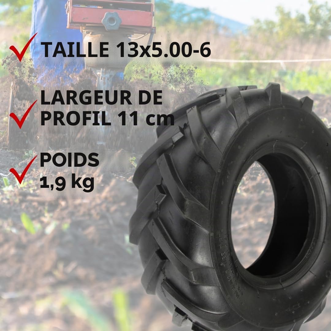 13x5.00-6 Pneu de rechange pour motoculteur | Pneu en caoutchouc 13 pouces pour motobineuse | Ø 32,5 cm | Largeur de profil 11 cm | Pneu pour motoculteur et motobineuse