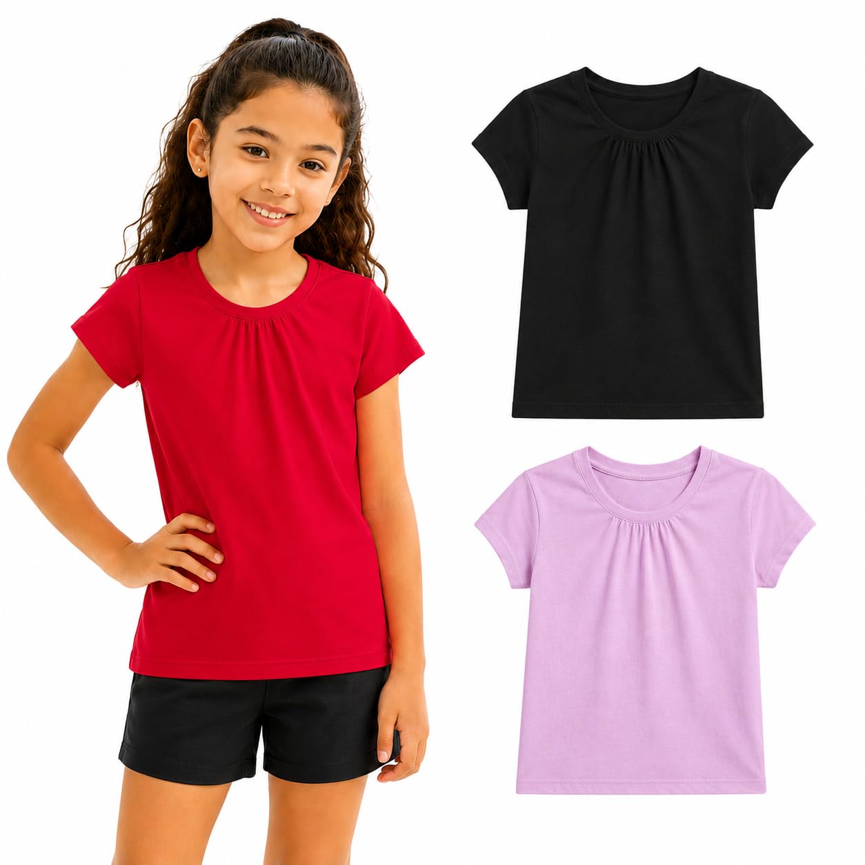 Bienzoe Girls Short Sleeve T-Shirt: Kids Aged 4-13 Cute Crewneck tee 3pcs Pack - Breathable Tops for Beach Trip Outdoor Play