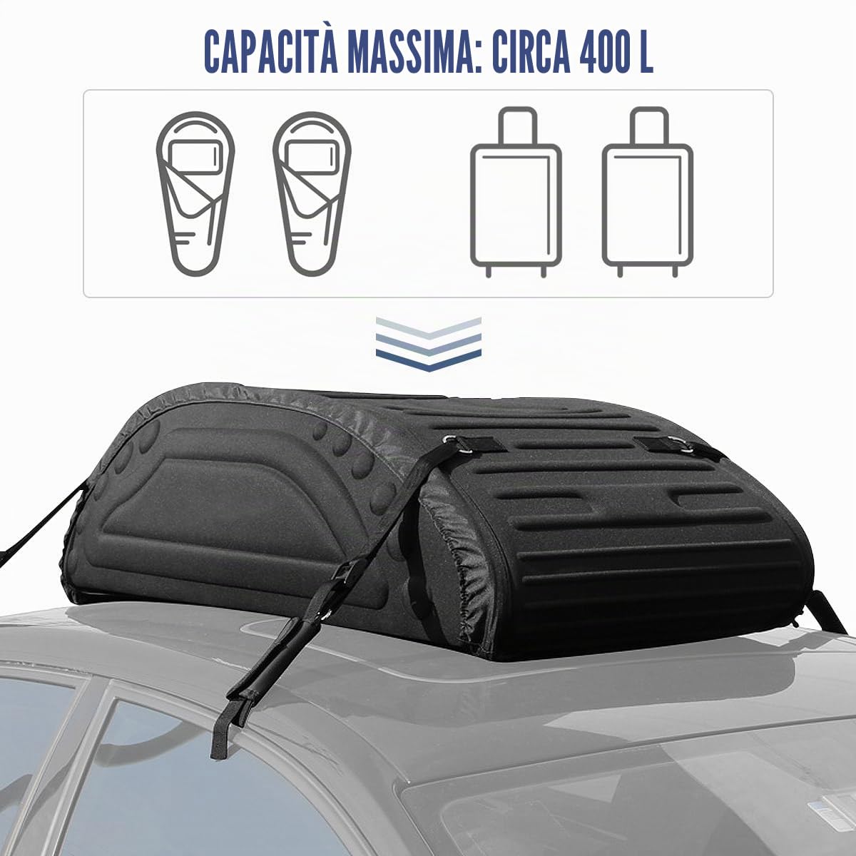 SOARS Box Tetto Auto 400L, 113,5 X 63,5 X 36,5 CM, Portapacchi Auto Tetto Impermeabile con Cinghie di Trasporto & Borsa di Trasporto, per Auto, Furgoni, SUV (Nero)