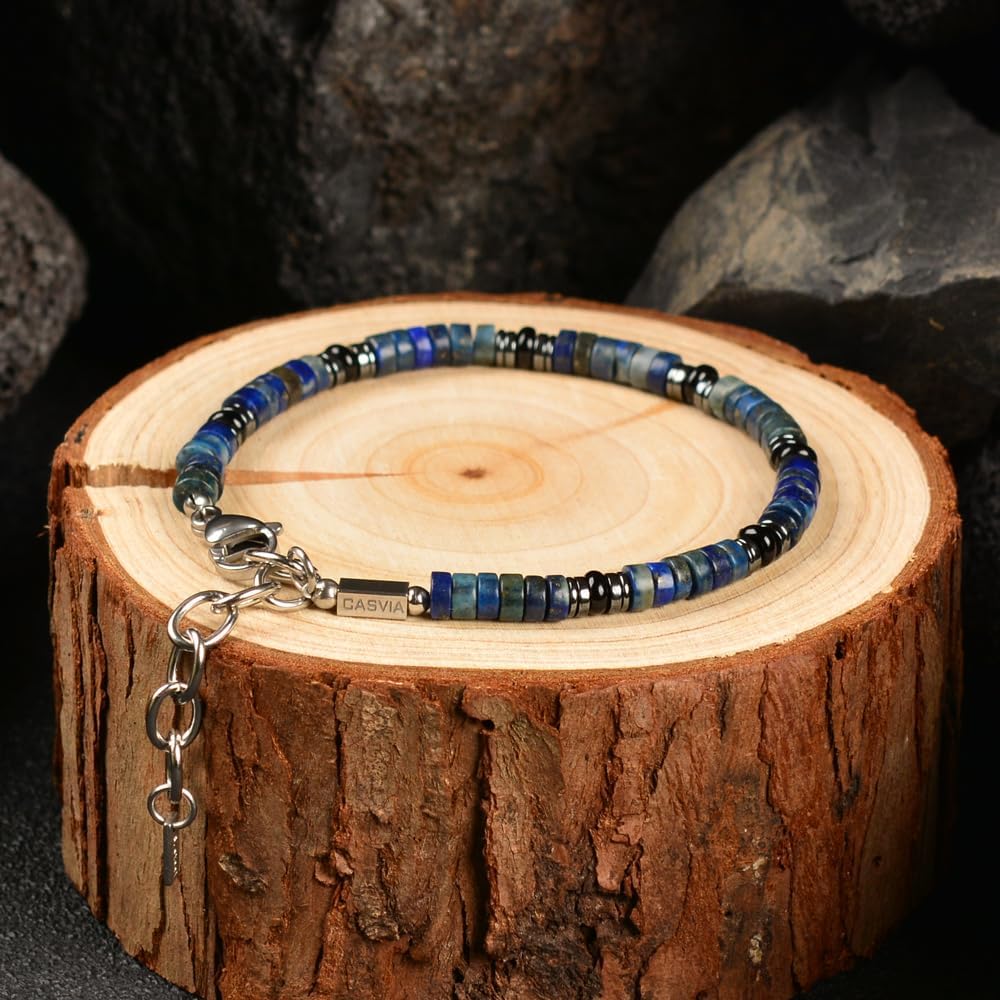 Men's Lapis Lazuli Hematite & Black Agate Beaded Bracelet, Handmade Adjustable Stainless Steel Chain, Chakra Jewelry Gift for Dad Husband Boyfriend