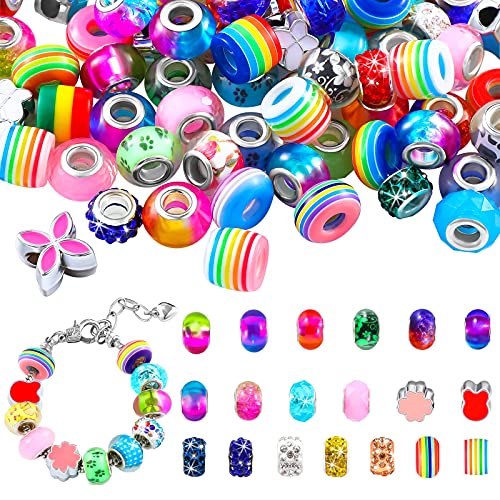 150 Pieces European Large Hole Spacer Beads Colorful Rhinestone Charm Beads Mixed European Rondelle Beads Lampwork Beads Crystal Charm Beads for DIY Bracelet Necklace Jewelry Making