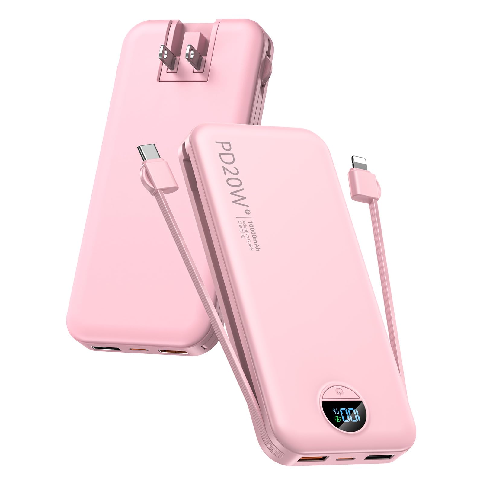 Portable Charger 10000mAh PD20W Fast Charging Power Bank with Built-in Cables Wall Plug External Battery Pack with LED
