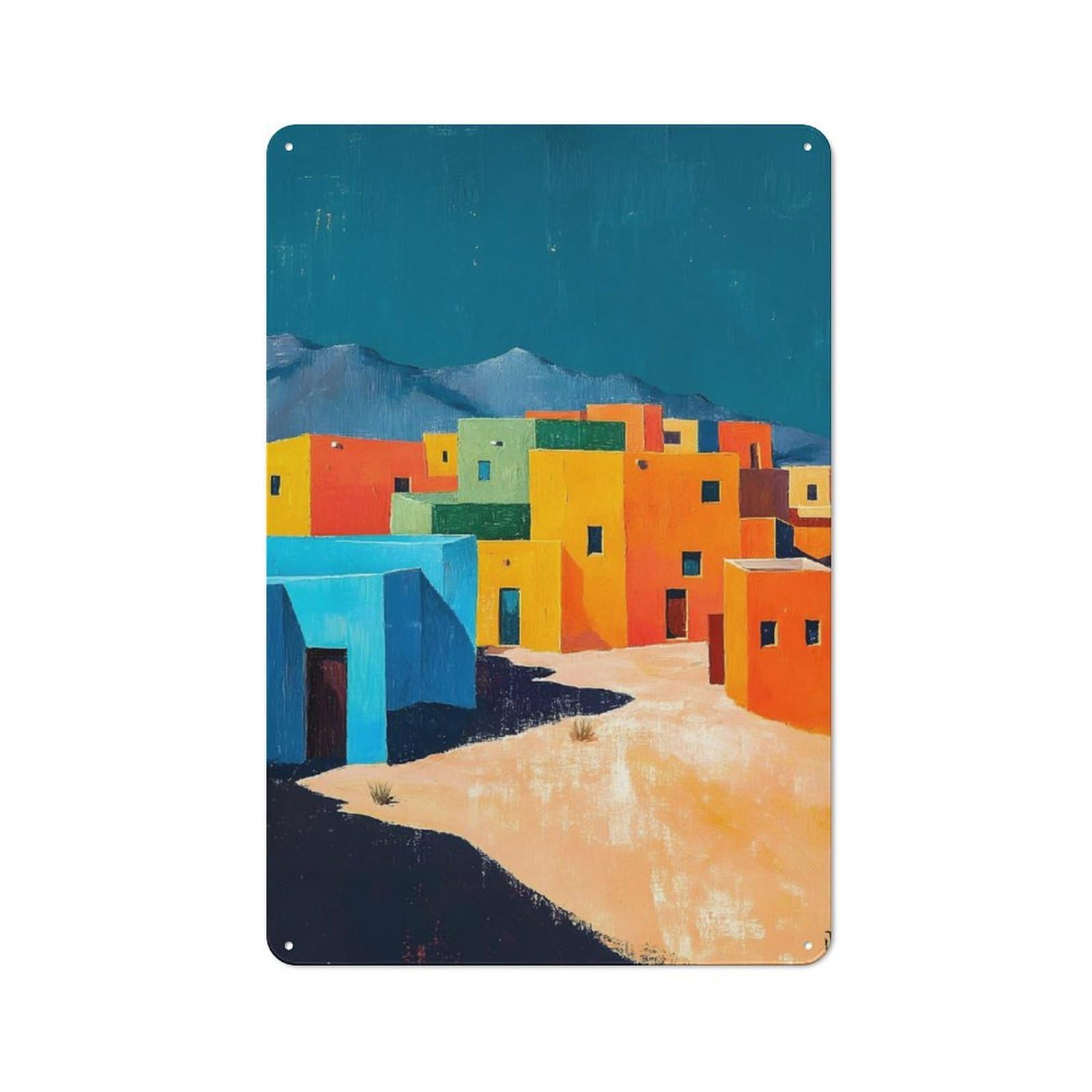 Junmoney Colorful Desert Village Industrial Decorative Metal Plaque 30X20cm, Studio Wall Art For Flat, Bar, Studio Or Gallery Wall