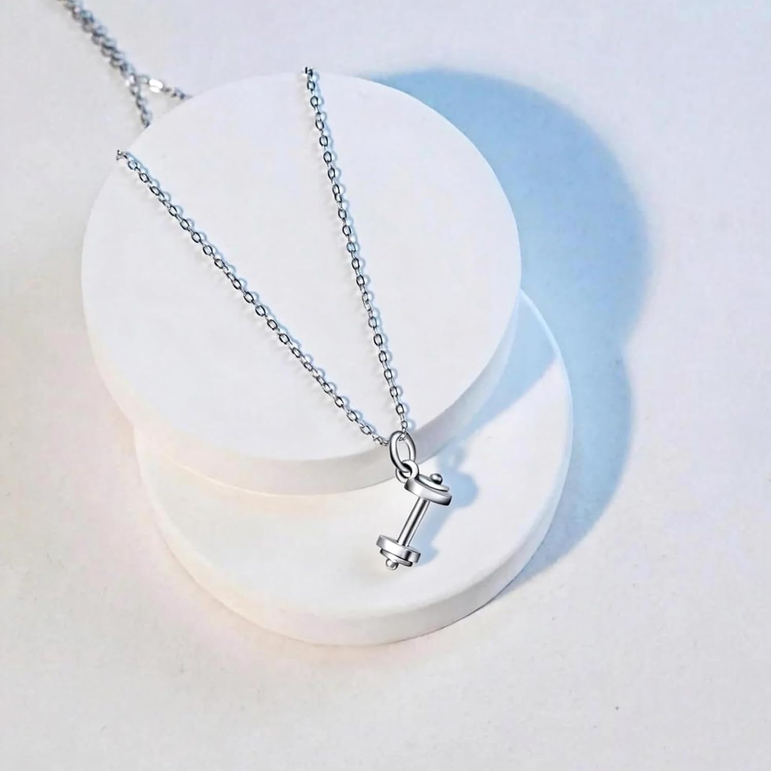 925 Sterling Silver Dumbbell Barbell Pendant Necklace, Fitness Gym Jewelry, Creative Sports Style image 3
