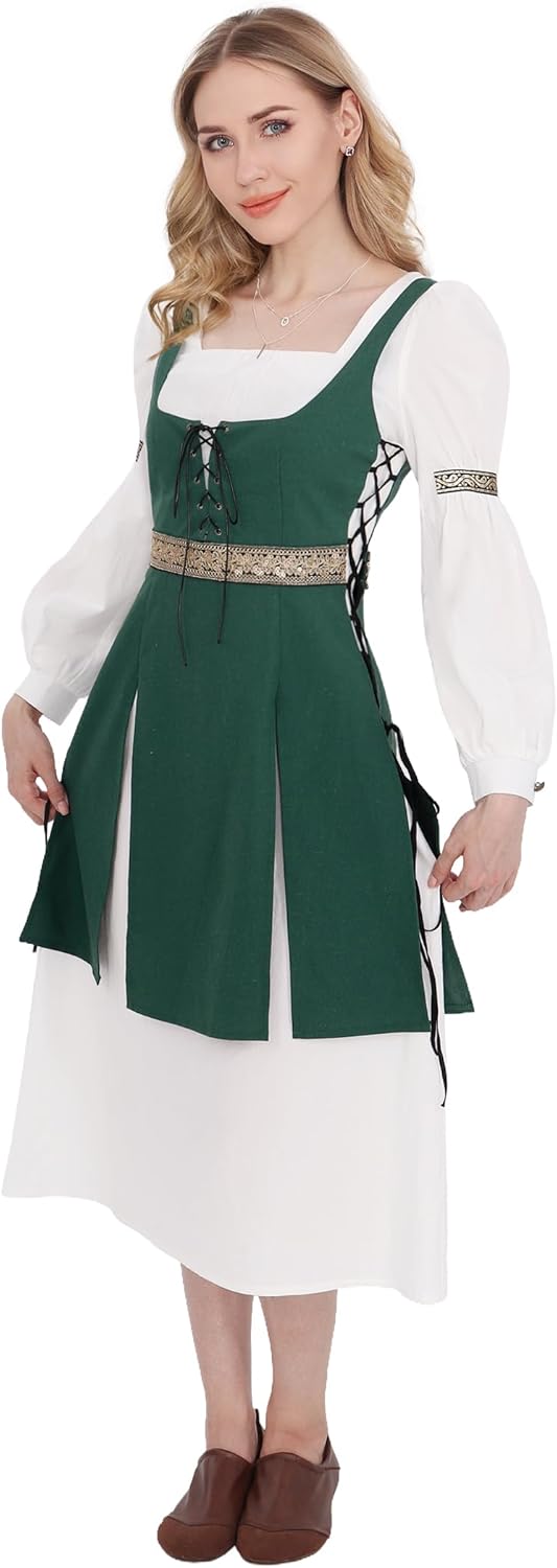FURPHI Medieval Linen Dress Victorian Over Dress Renaissance Festival Halloween Cosplay Costume for Women - Image 2
