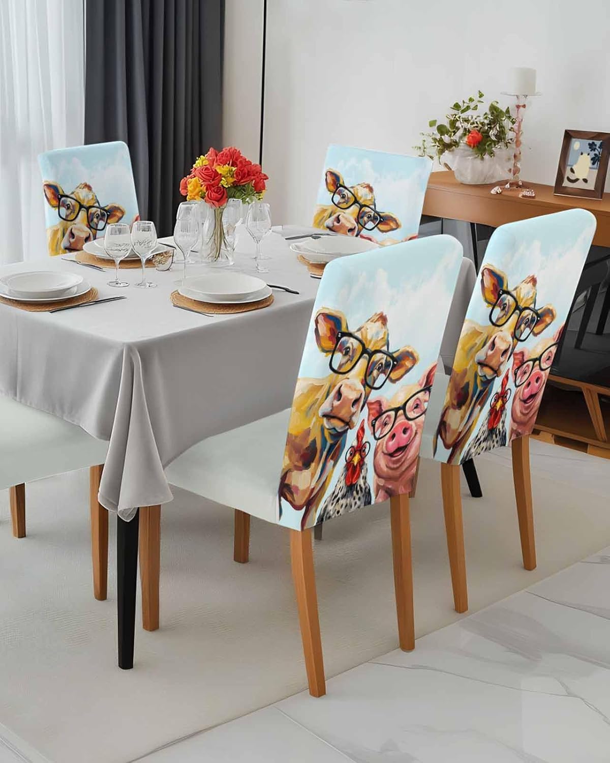 Savannan Chair Covers Set of 4, Farmhouse Pig Chickens Cows Removable Stretchable Parsons Chair Slipcovers Protector for Kitchen Dining Room, Pastoral Funny Animal