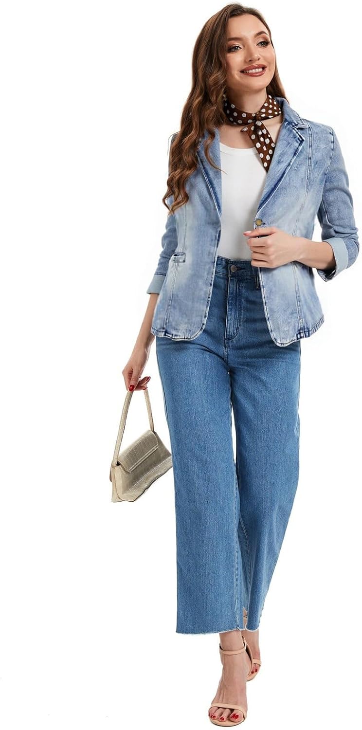 Womens Denim Jackets Long Sleeve Lapel Button Slim Office Pocket Washed Business Jean Jacket - Image 3