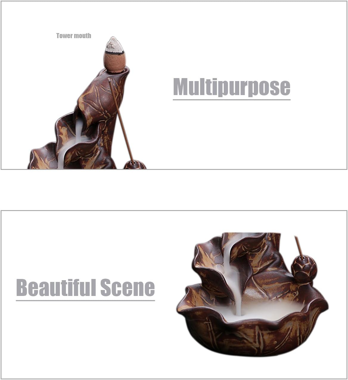OCIOLI Backflow Incense Burner Incense Waterfall Burner Insencents Holder Backflow Cones Sticks Holder Porcelain Lotus Pond Censer with 10 Cones (Brown)