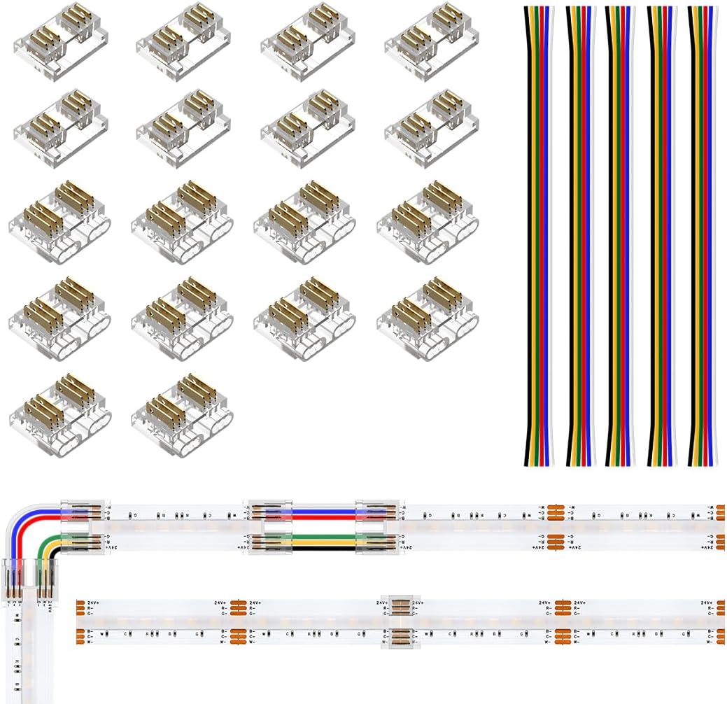 BTF-LIGHTING FCOB 6Pin 12mm 0.47in Transparent Connector Kit 10pcs Strip to Wire 8pcs Gapless Solderless Connector 5pcs 5.9in Long 24AWG Extension Wires Support COB RGBCCT (+ R G B C W) LED Strip