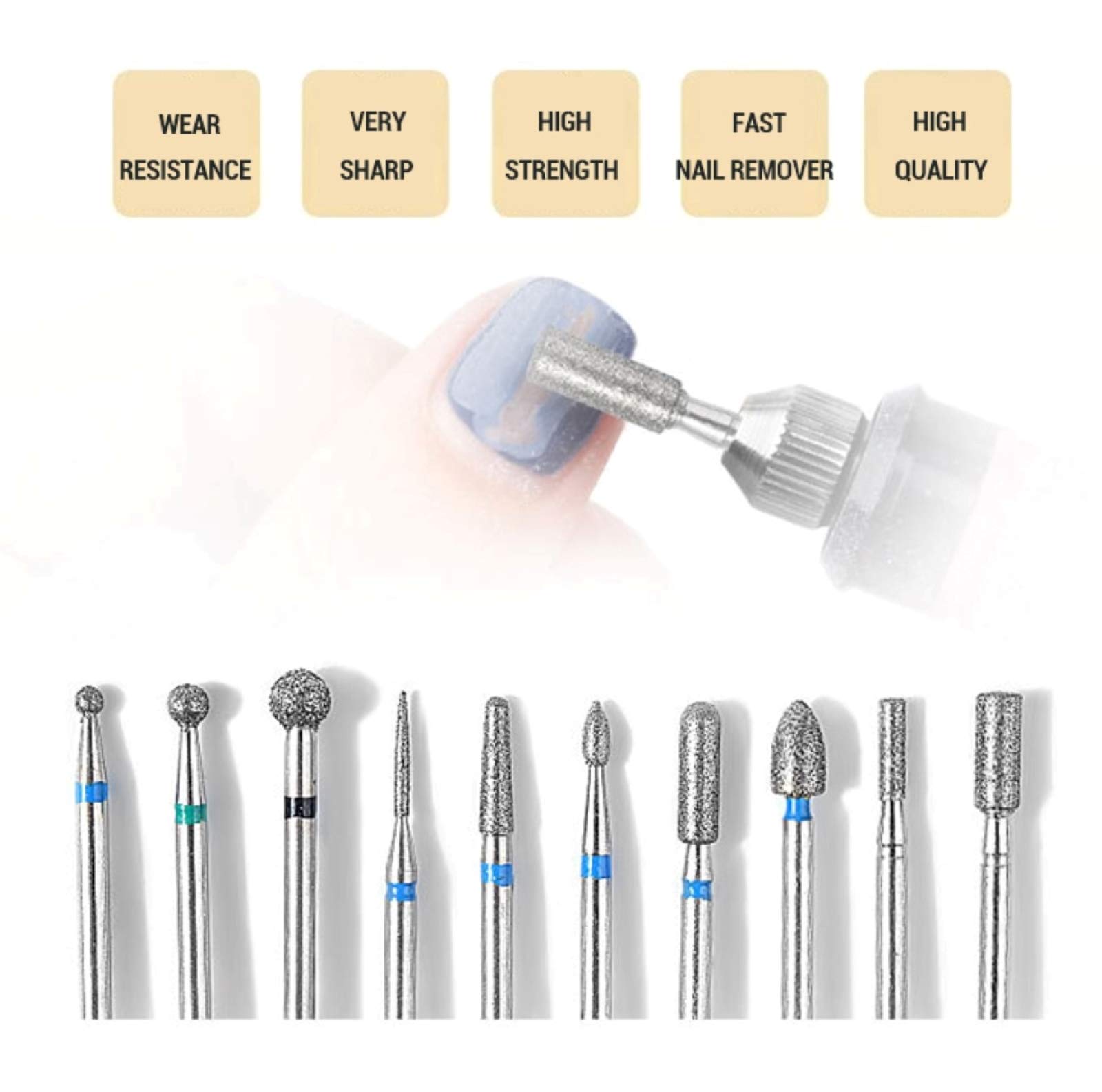 Set of 10 professional diamond cutters for nail drills nail covers, highlights, semi-permanent nail polish, acrylic nails and gel nails - Image 2