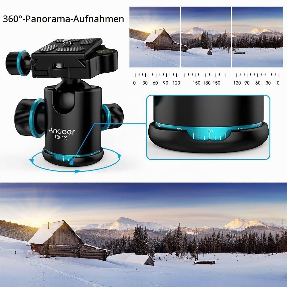 Andoer Kugelkopf Stativkopf 360 Grad Drehbar Panorama-Kugelkopf für Stativ Einbeinstativ Slider DSLR-Kamera mit 3pcs Schraube Adapter