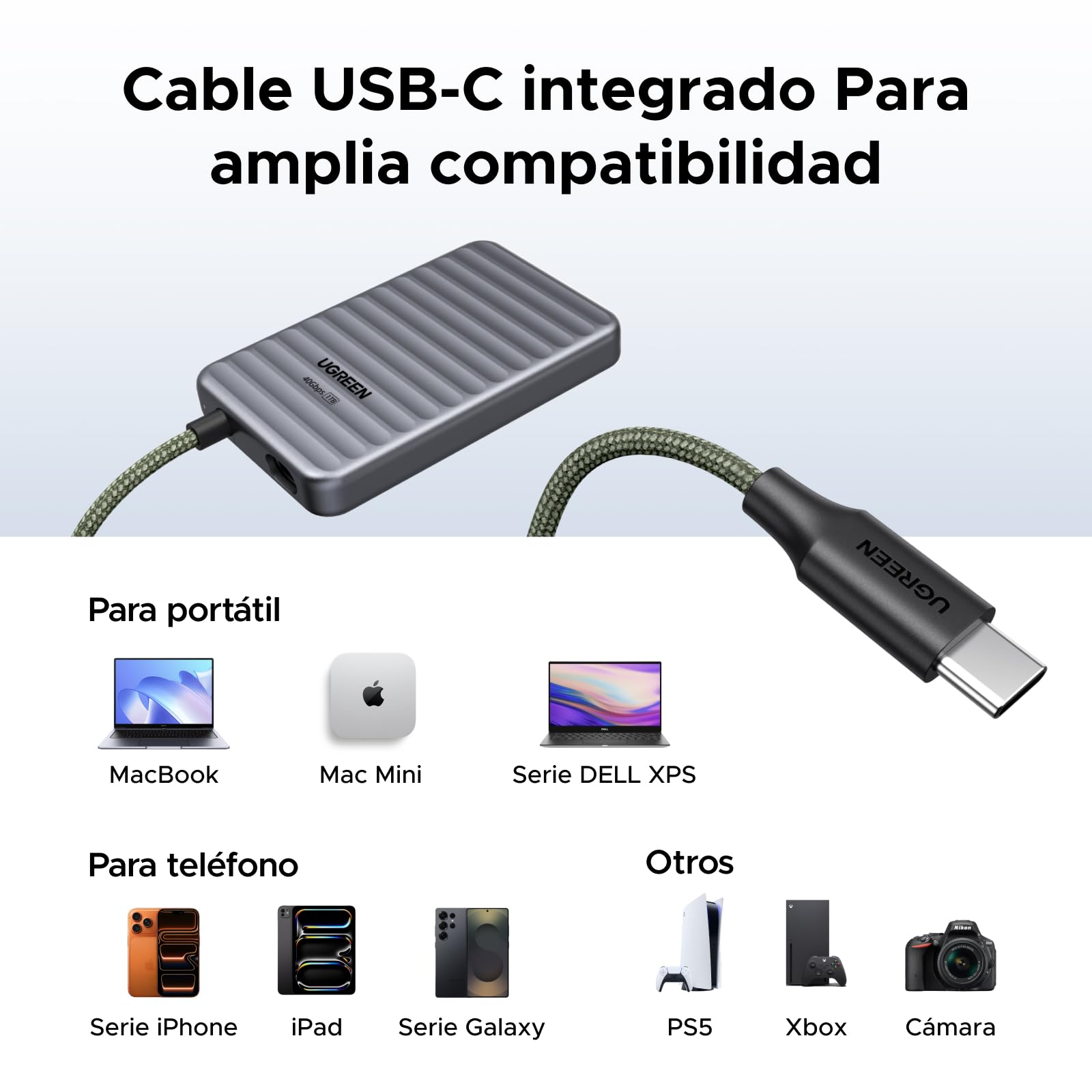 UGREEN NeoDrive Go SSD Portátil 1TB hasta 4.000 MB/s SSD Externo USB4 | con Cable Integrado Compatible con PC Windows MacOS Linux y Dispositivos Móviles iOS iPadOS Android