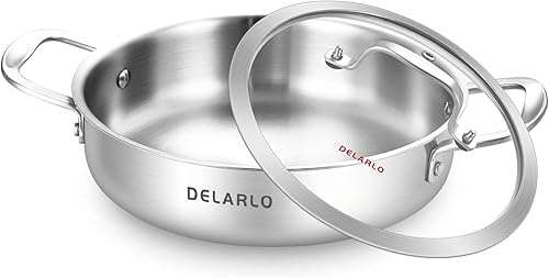 DELARLO Sartén de Acero Inoxidable de Tres Capas de 3QT con Tapa, Sartén Profunda de 12 Pulgadas, Sartén Grande de Inducción, Sartén de Cocina, Apto