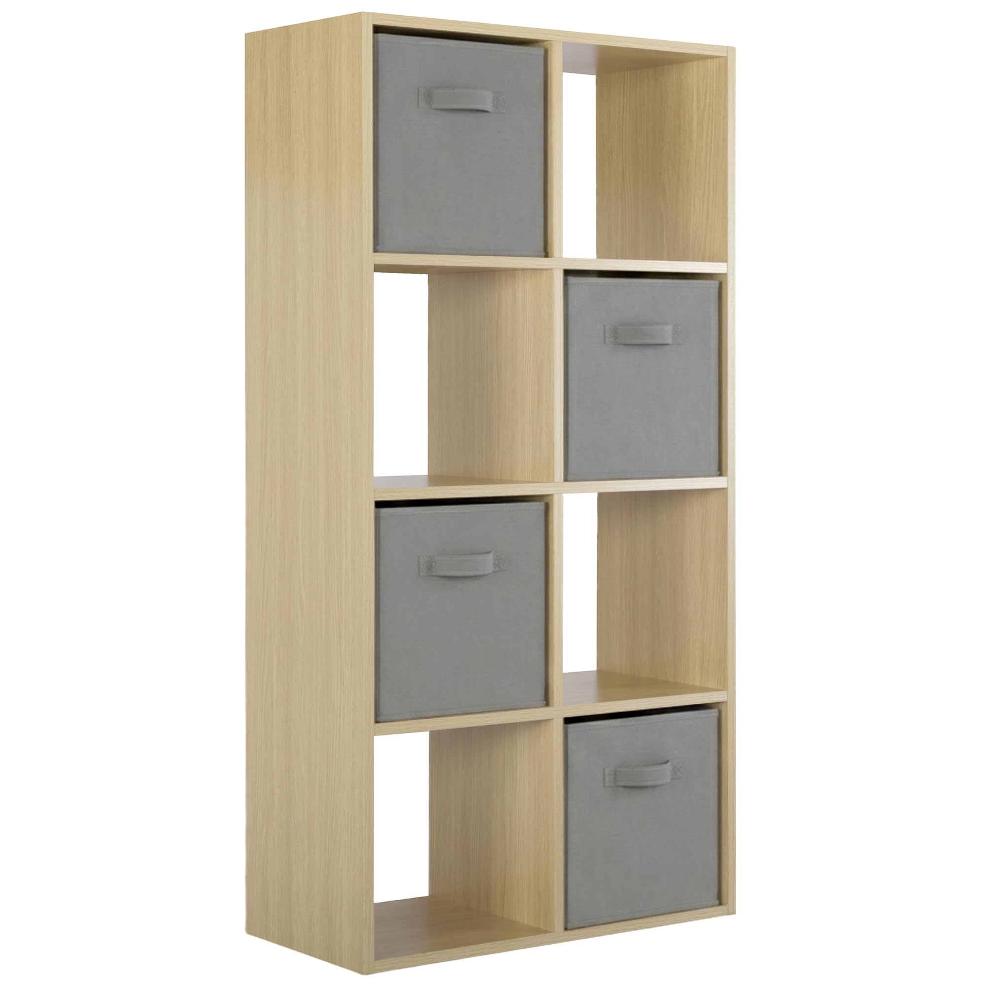 Charles Jacobs Modern Oak Effect 8 Cube Storage Shelving Unit + 4 Grey Fabric Drawers