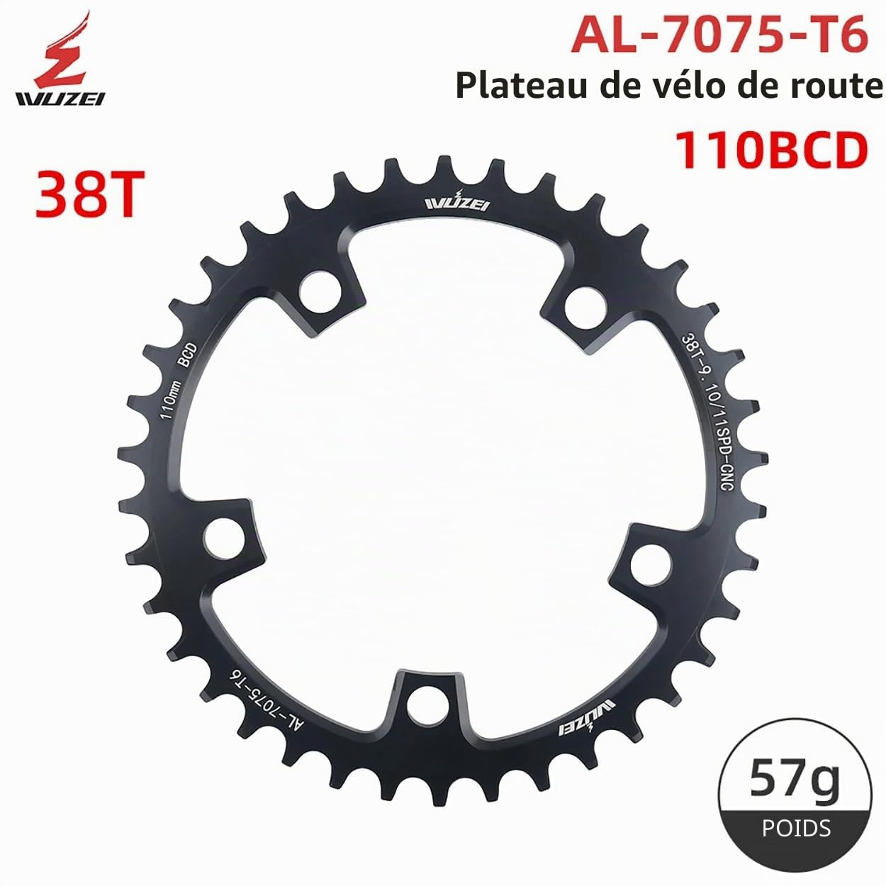 BIKECO Plateau large et étroit pour vélo 110/130BCD 5 vis Plateau rond 36/38/40/42/44/46/48/50/52/54/56/58/60T pour vélo de course VTT 9, 10, 11 vitesses