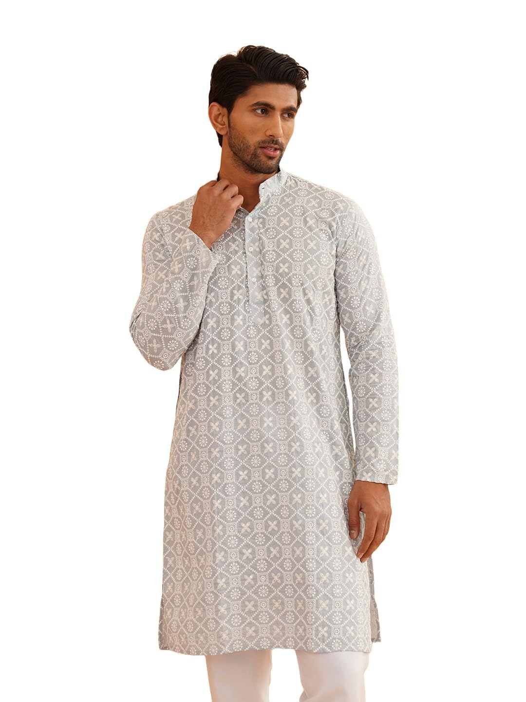 Sojanya (Since 1958 Men's Ethnic Motifs Embroidered Regular Thread Work Cotton Grey Long Kurta