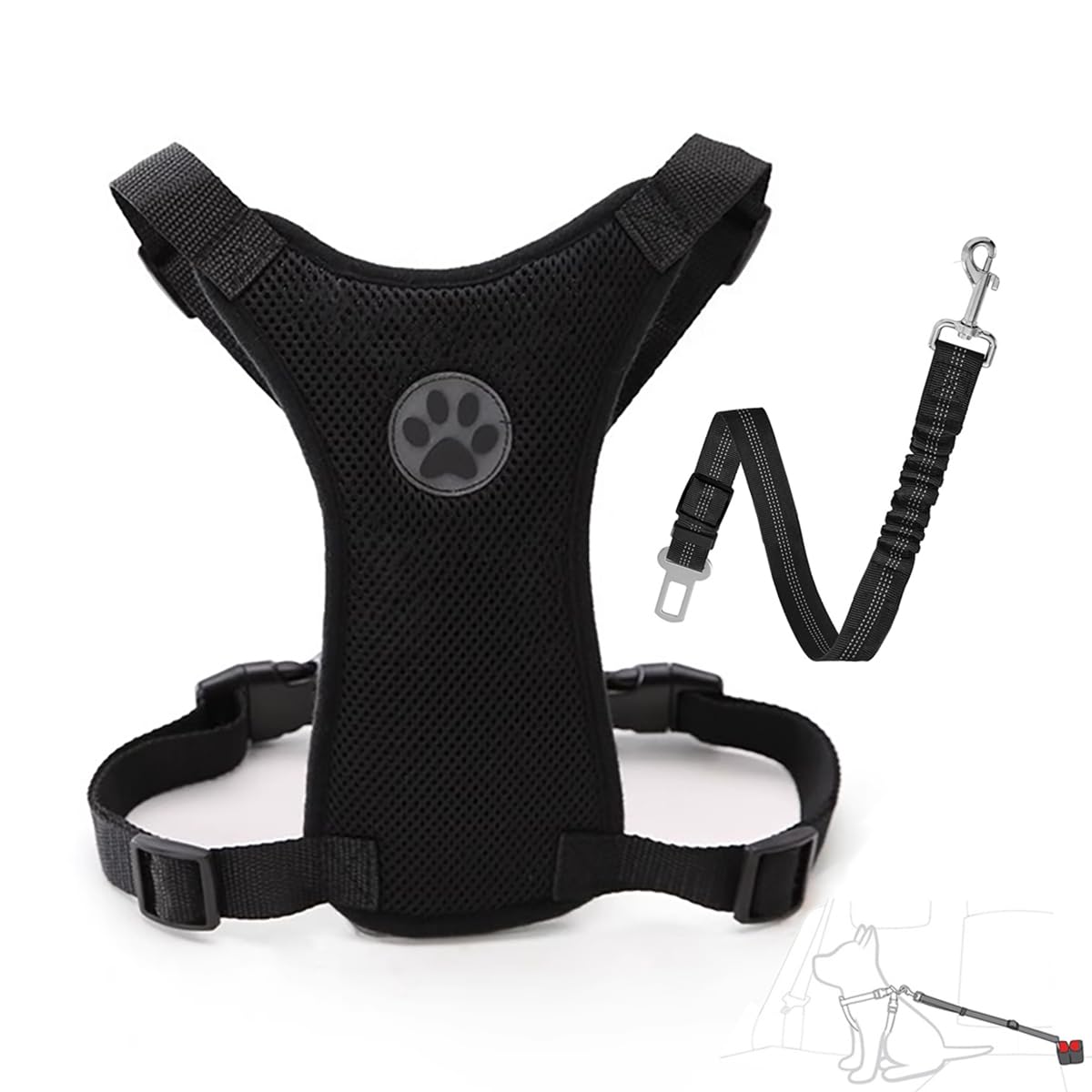 Dog Car Harness and Seat Belt Set, 2-in-1 Safety Travel Vest with Elastic Bungee Buffer Seatbelt