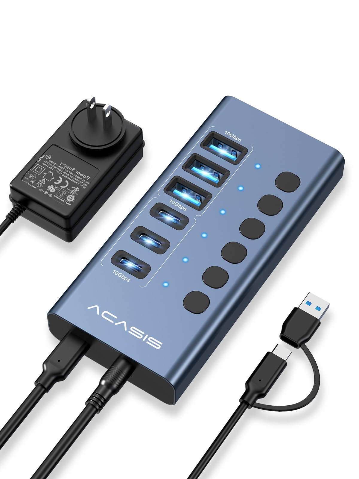 Hub USB 3.2 alimentado, ACASIS 6 puertos USB 3.2 (3 puertos USB-A 3.2 + 3 puertos USB-C 3.2), concentrador USB de aluminio alimentado con adaptador de corriente de 48 W, concentrador USB para PC