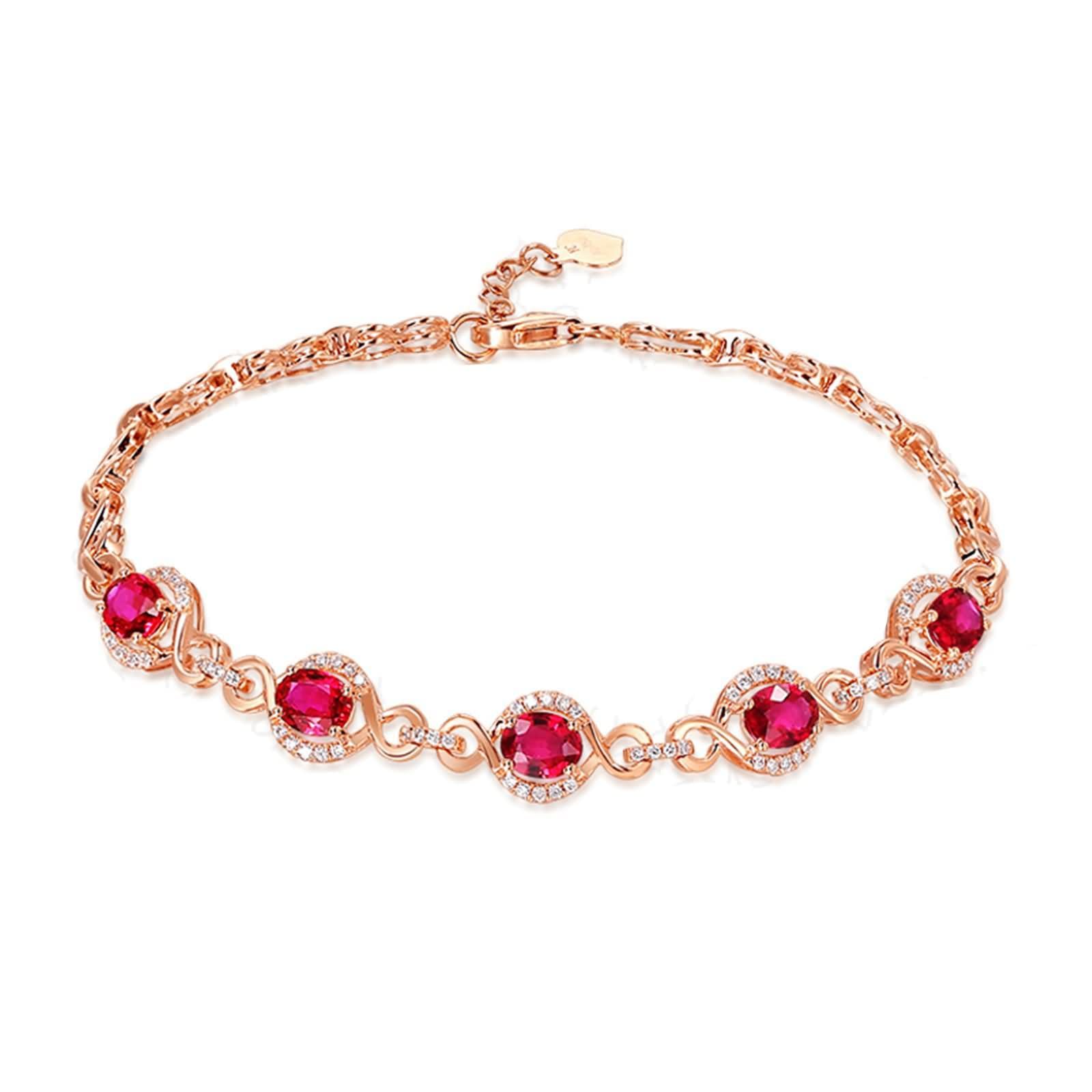 Pulseras de Mujer Oro Rosa 9Kt / 14Kt / 18Kt, Oval con Rubí y Diamante, Cadena Extensible 16 CM + 5 CM, Pulsera de Mujer de Oro Rosa