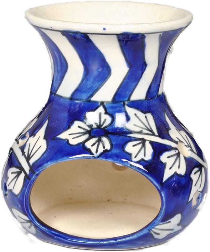 Rural Handmade Handmade Ceramic Tea Light Holder, Large, Aromatherapy Essential Oil Burner| White Flower | Living Room, K_33,Balcony, Patio, Porch and Garden |Color: Blue | Gift for Yoga Lovers