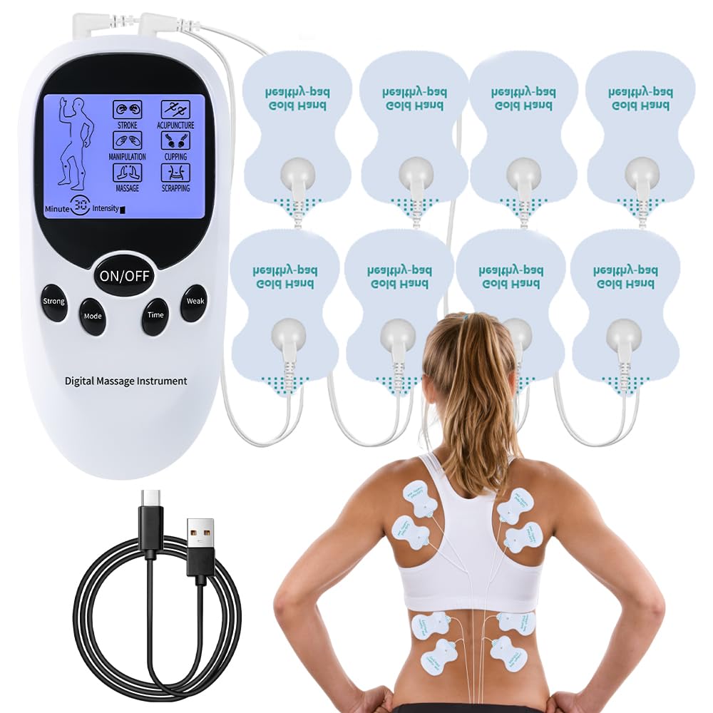 TENS Electroestimulador Muscular, Estimulador Muscular de Doble Canal, Electroestimulador TENS con 6 Modos y 8 Electrodos, TENS EMS Maquina Corrientes Fisioterapia para el Alivio del Dolor