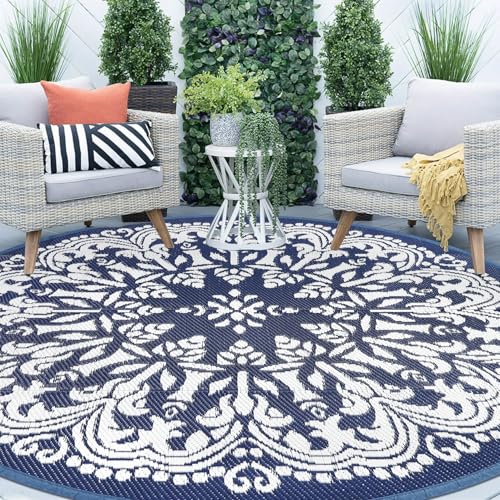 Homcomoda Round Outdoor Patio Rug 8Ft Waterproof Indoor Outdoor Area Rug Blue Classic Style