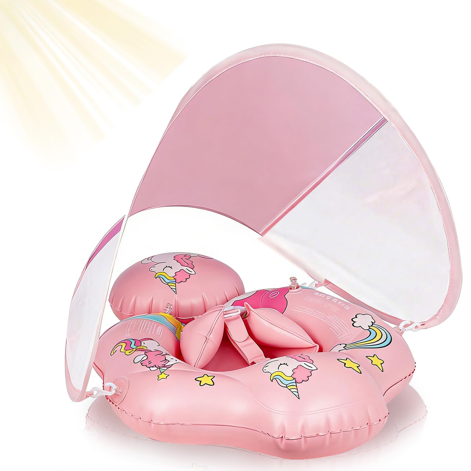 Baby Swimming Float with Canopy 3-12 Months, UPF 50+ Sun Protection Roof, Pink Unicorn Baby Swim Float, Adjustable Safety Sea, Infant Float Inflatable Swimming Ring Suit for Babies Newborn Kids