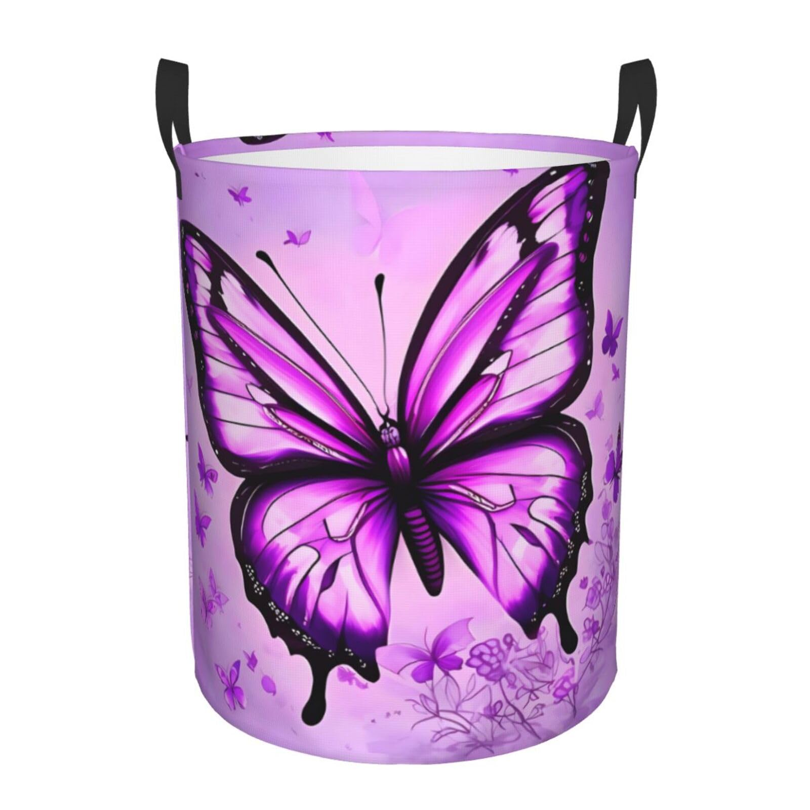 S Collapsible Purple Butterfly Print Circular Hamper Round