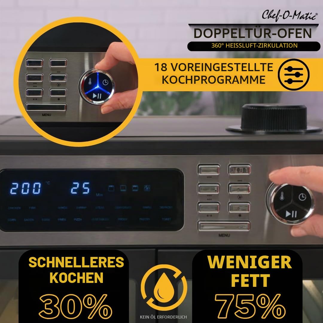 STARLYF Doble Door Oven Heißluftofen 28L | Doppeltür, 18 Programme, 1700W, Grill, Drehspieß, Dörrgerät & LCD-Display | Multifunktions-Backofen mit Heißluft & Energieeffizienz