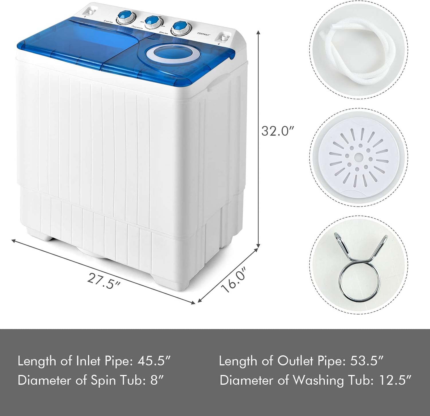 COSTWAY Portable Washing Machine, 2 in 1 Twin Tub 26Lbs Capacity Washer(18Lbs) and Spinner(8Lbs) with Control Knobs, Timer Function, Drain Pump, Compact Laundry washer for Home Apartment RV, Blue