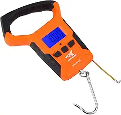 KastKing Balança de peixe, balança digital resistente à água com régua, capacidade de 50 kg, modo duplo – libras/onças e quilogramas, leve, moldura de ABS forte, alça antiderrapante, fita métrica