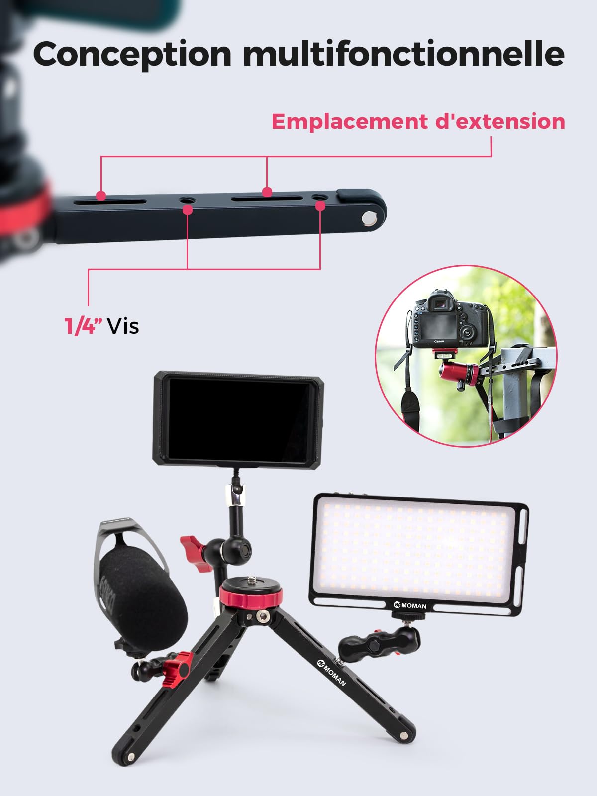 Mini Trépied, Moman TR01 Caméra Table Petit Aluminium CNC avec vis 1/4 et 3/8 Maxload 80KG pour Video Studio Lumiere LED Light Smartphone Telephone DSLR Appareils Photo Reflex et Gimbal, Noir Rouge
