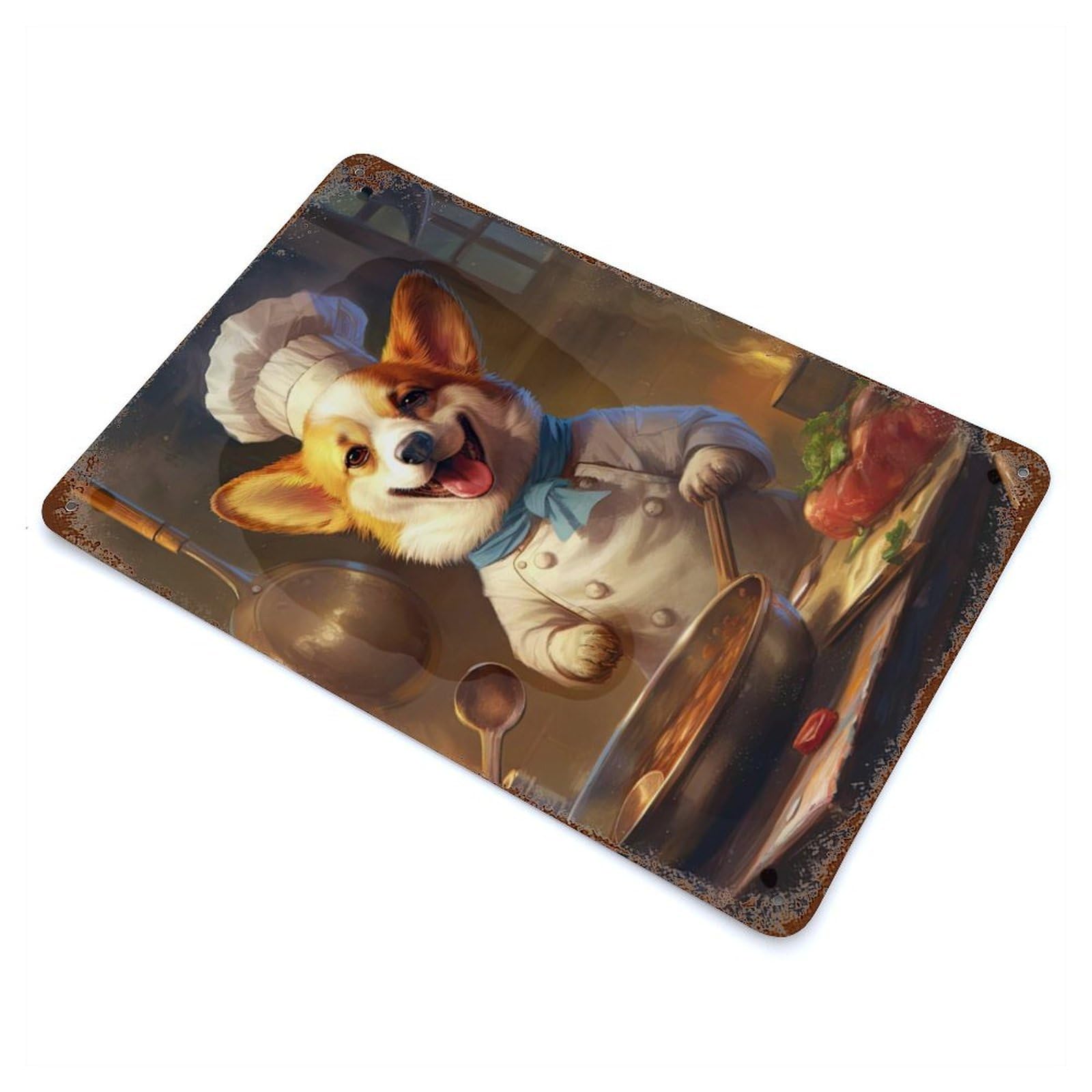 Corgi Chef Weathered Tin Sign 11.8"x7.9", Shabby Chic Decor for Garage, Pub Or Kitchen