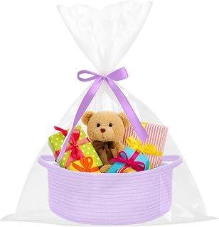 ShellKingdom Storage Basket with Handles, Empty Gift Basket with Gift Bags and Ribbon, Small Woven Baskets for Home, Nursery Storage Organizer, 12 X 8 X 5 INCH, Lavender