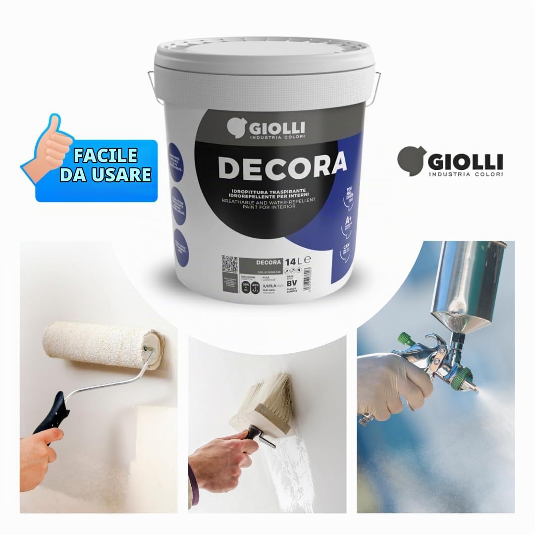 Giolli industria colori | Pittura Bianca per Interni Lavabile Giolli Decora - Idropittura Murale ad Azione Traspirante - Vernice Bianca da Muro Interno a Mano Unica - 14 L