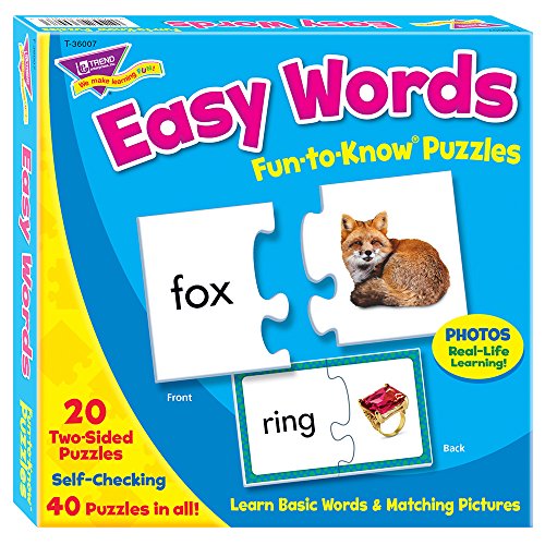 Image of Trend Enterprises: Fun-to-Know Puzzles: Easy Words, Learn Basic Words & Matching Pictures, 20 Two-Sided Puzzles, Self-Checking, 40 Puzzles Total, for Ages 4 and Up