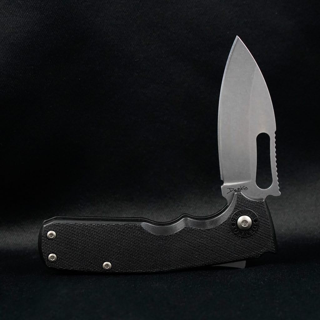 Andrew Demko AD20.5 Shark Cub Shark Lock Folding Knife 2.75" AUS-10A Stonewashed Slicer Shark Clip Point Blade Reversible Deep Carry Clip SC AUS10A GRN Black Handle (BLACK SLICER SHARK)
