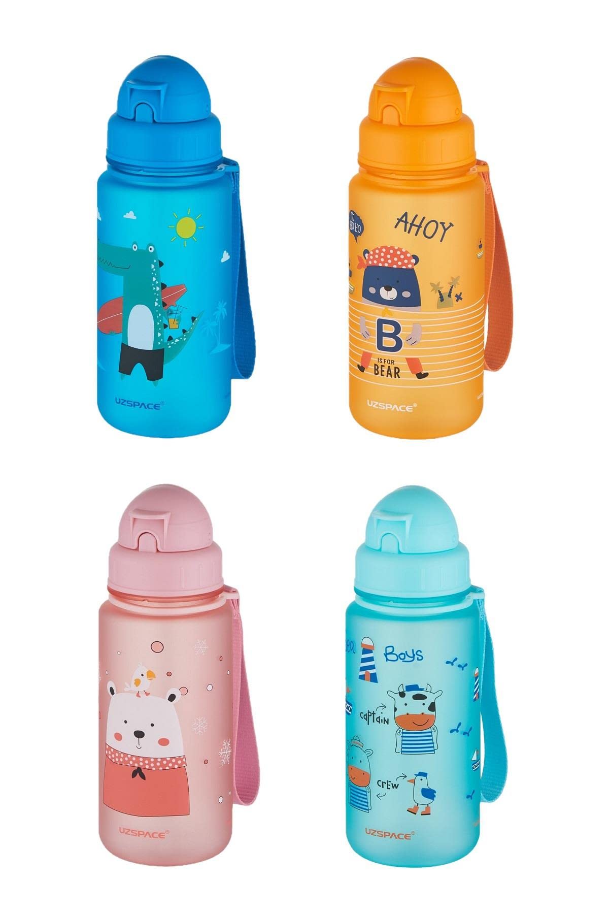 UZSPACE Figürlü 400 ml Pipetli Tritan Çocuk Su Matarası , Mavi